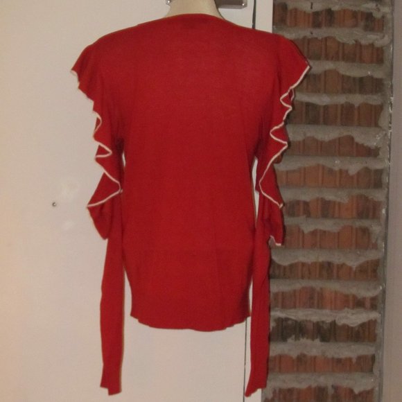 French Connection Red White Cold Shoulder Mesh Knit Sweater Ruffles Size L Large - Picture 3 of 7